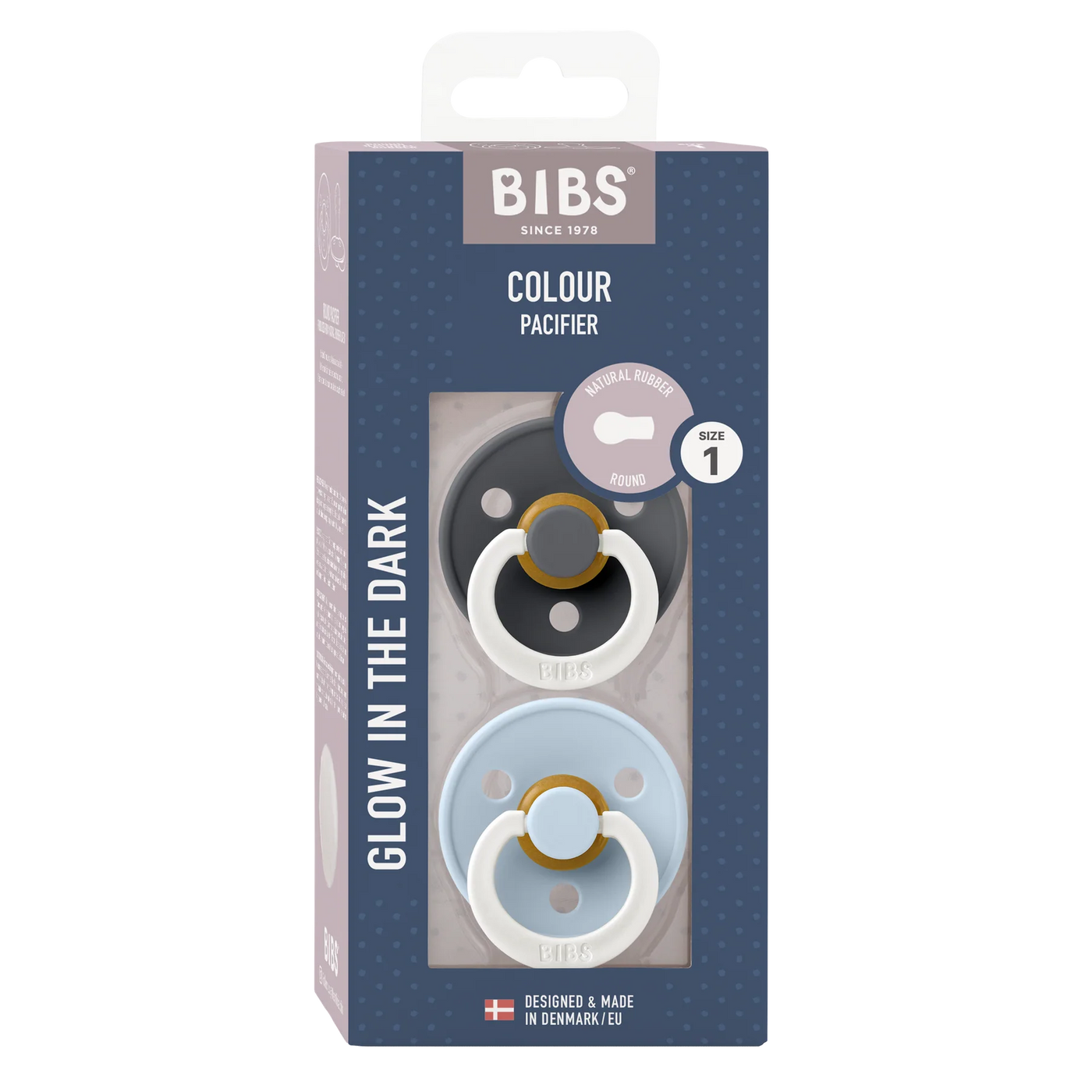 Bibs Dummies 2 Pack Glow In The Dark Round Iron/Baby Blue