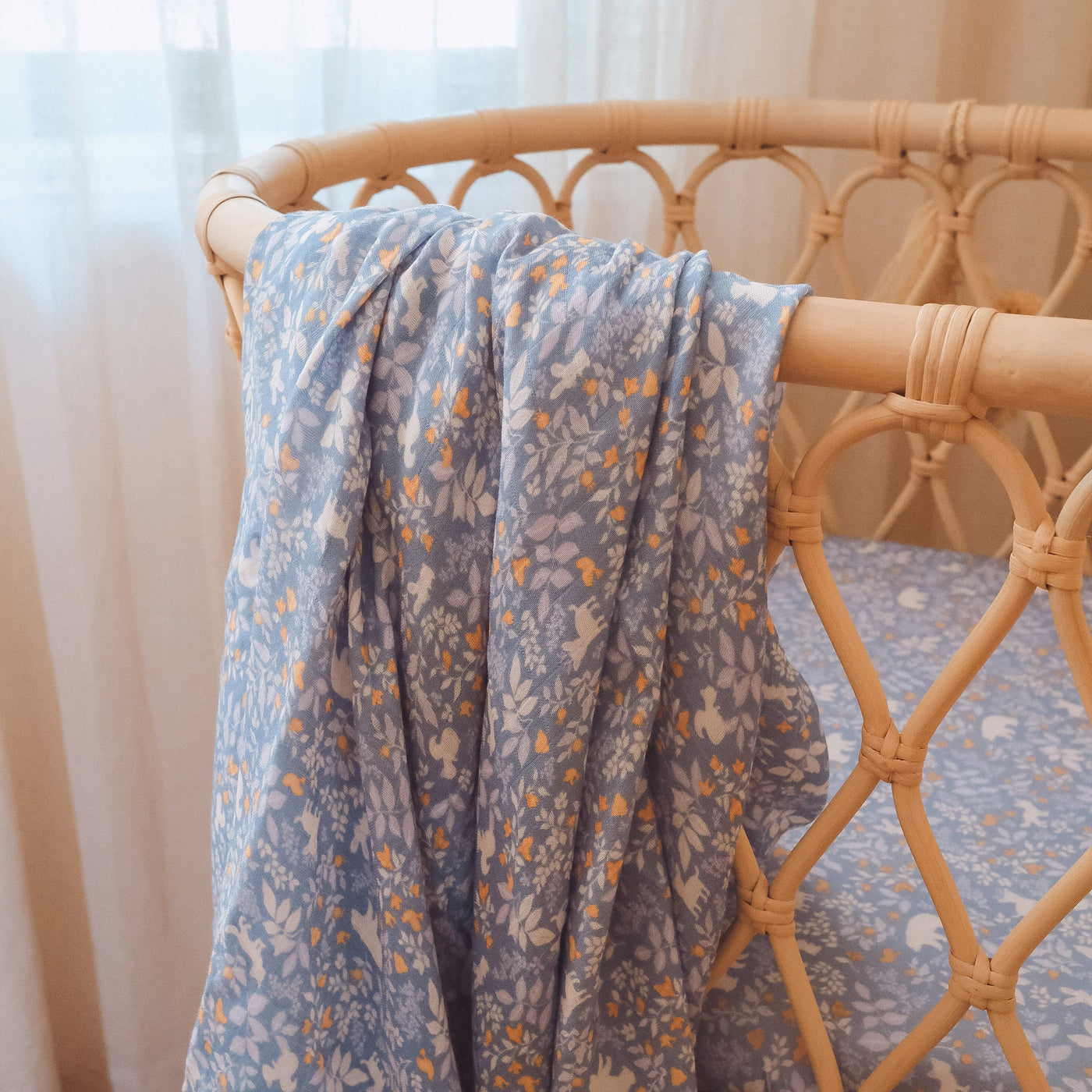 Baby Organic Muslin Wrap Forest Friends Cornflower