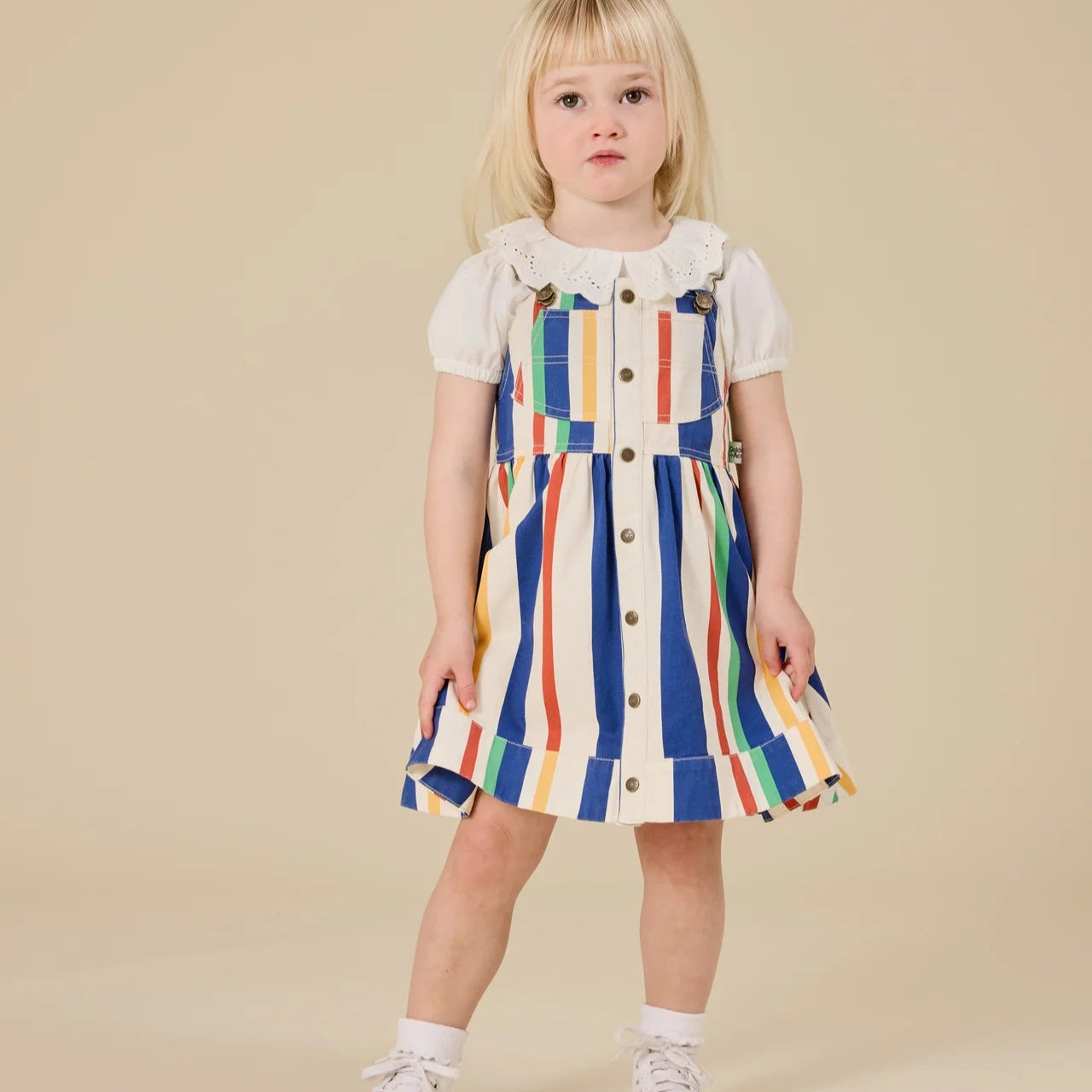Girls 90's Bold Stripe Heidi Denim Pinafore Dress