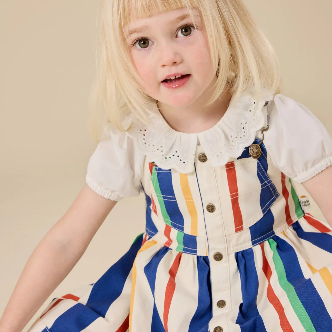 Girls 90's Bold Stripe Heidi Denim Pinafore Dress