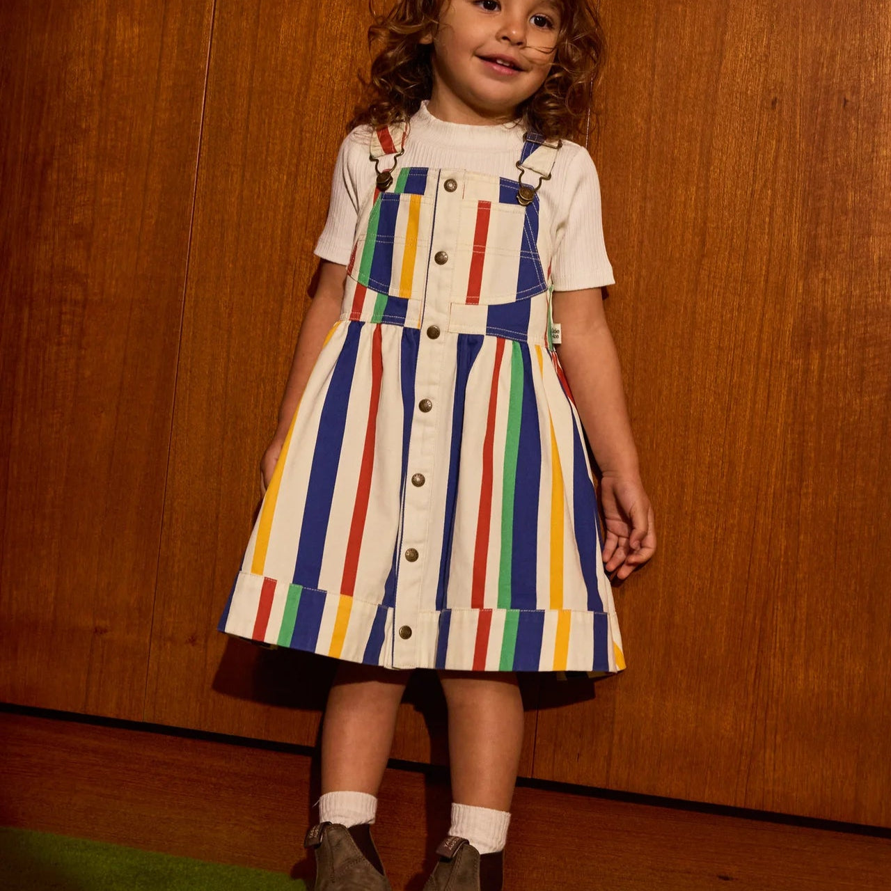 Girls 90's Bold Stripe Heidi Denim Pinafore Dress