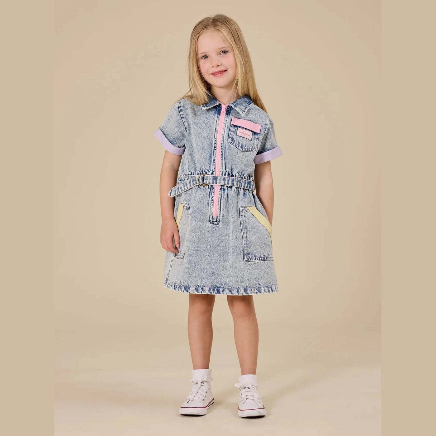 Girls Pastel Pop Piper Denim Belted Dress