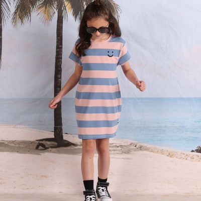 Girls Happy Face Tee Dress - Muted Pink/Blue