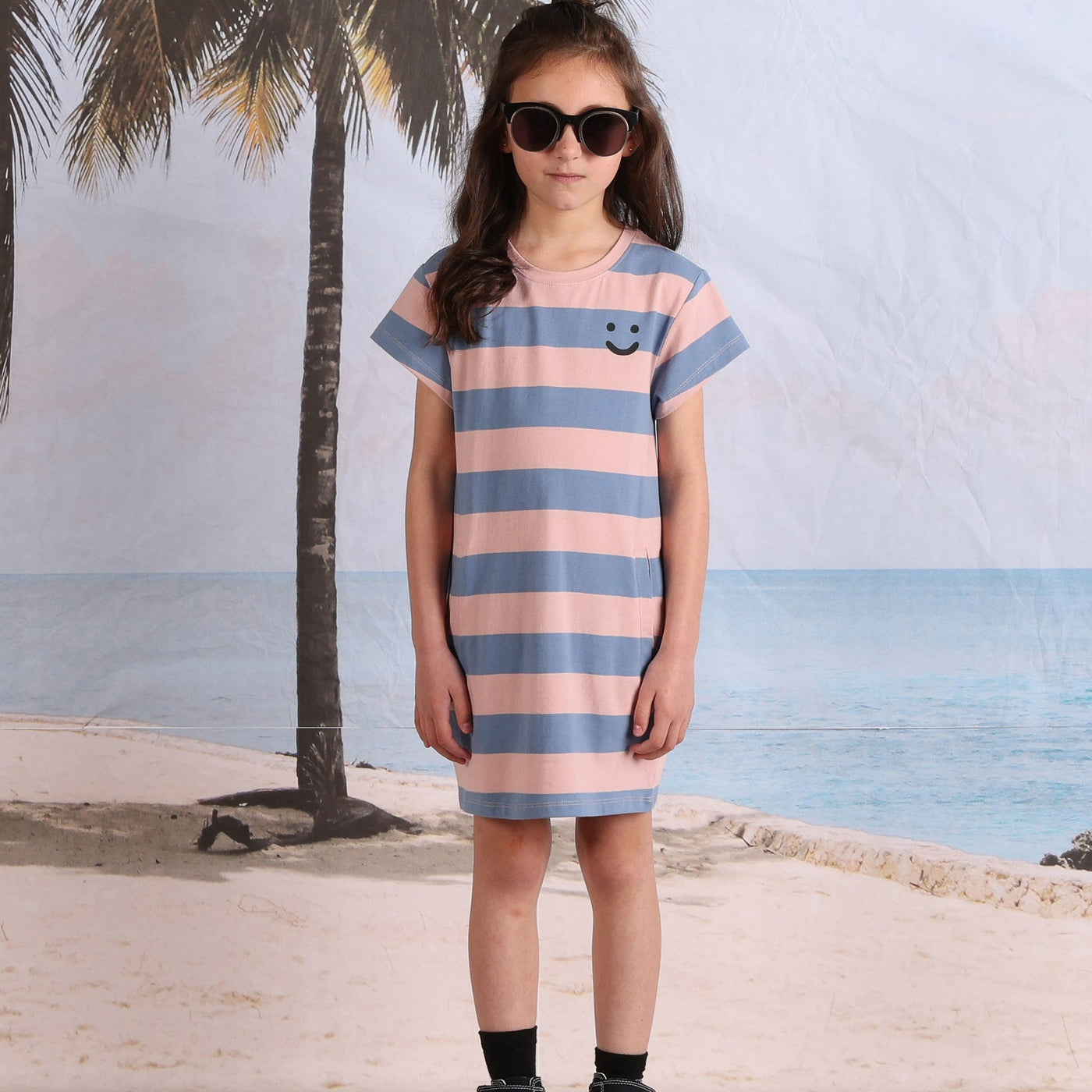 Girls Happy Face Tee Dress - Muted Pink/Blue