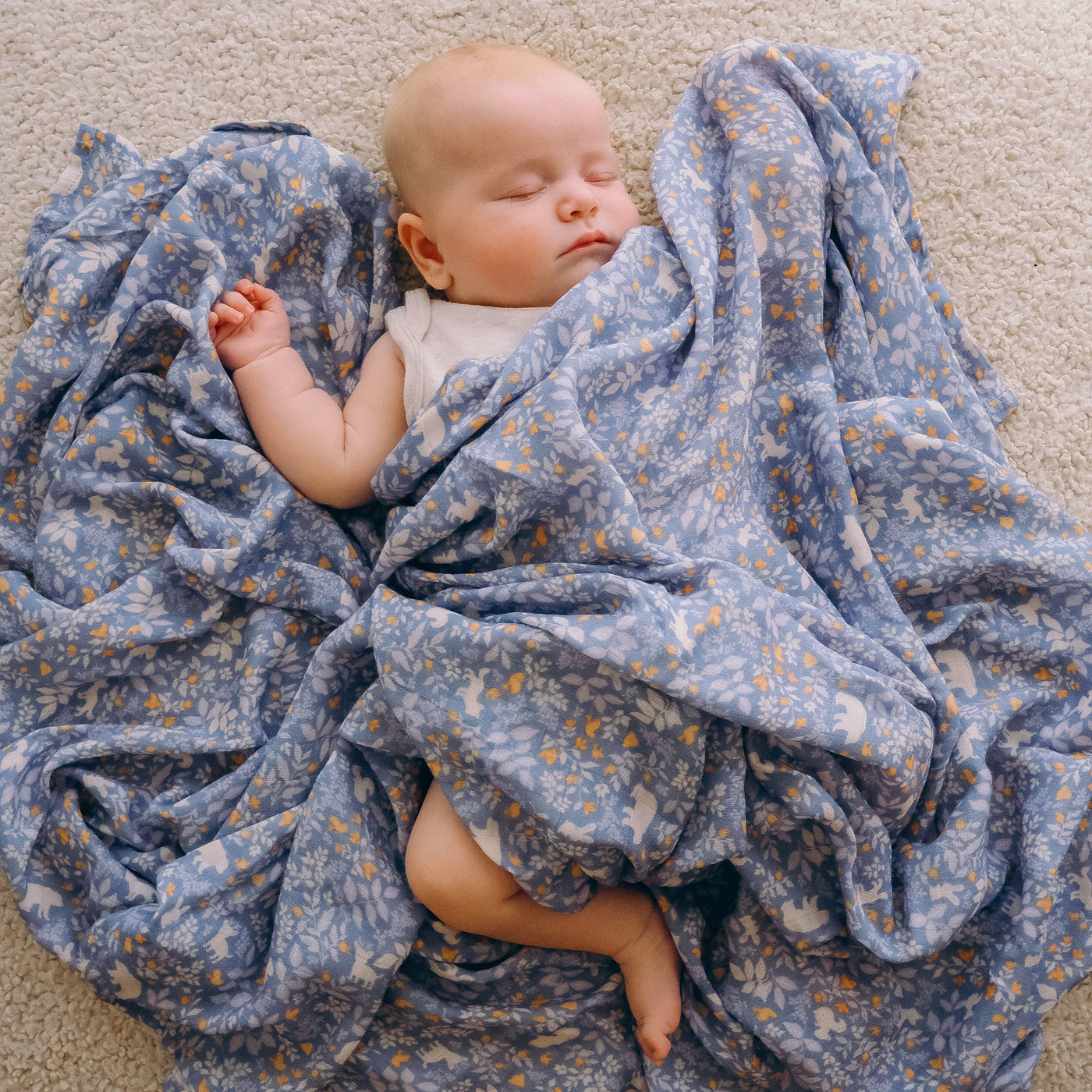 Baby Organic Muslin Wrap Forest Friends Cornflower