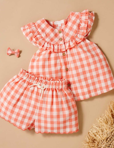 Girls Gingham Set Coral