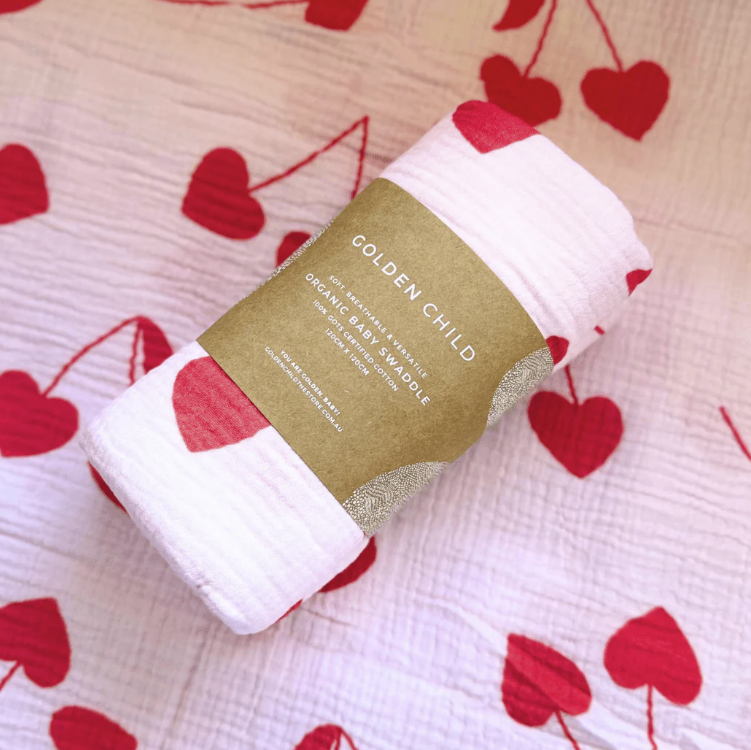 Organic Cotton Swaddle - Cherry Heart