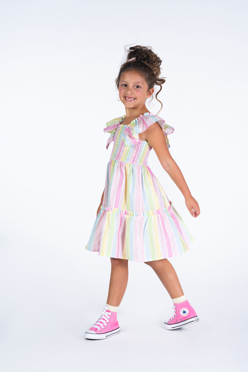 Girls Sorbet Stripe Shirred Dress