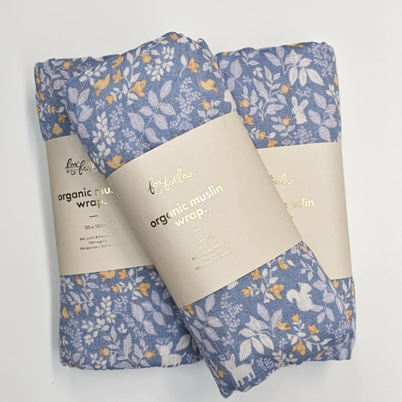 Baby Organic Muslin Wrap Forest Friends Cornflower