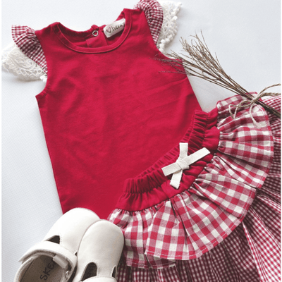 Baby Girls Knit Romper - Check Sleeve Red