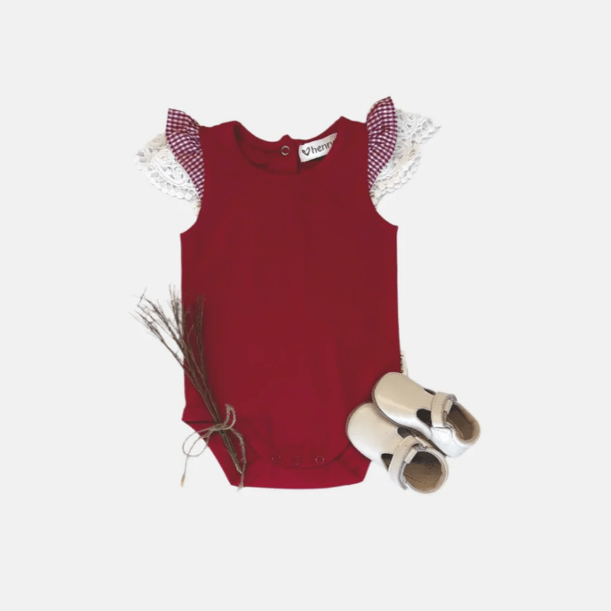 Baby Girls Knit Romper - Check Sleeve Red