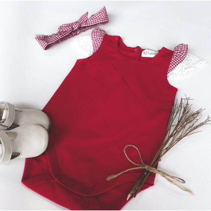 Baby Girls Knit Romper - Check Sleeve Red