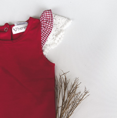 Baby Girls Knit Romper - Check Sleeve Red