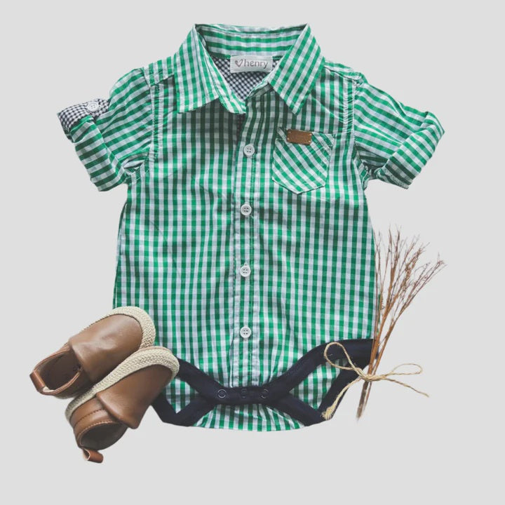Baby Boys Dress Shirt Romper - Bright Green Check