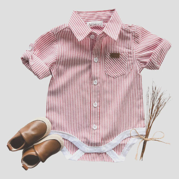 Baby Boys Dress Shirt Romper - Red Pinstripe
