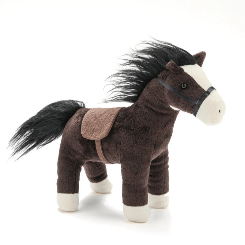 Plush horse toy with a brown body, black mane, and white feet on a white background