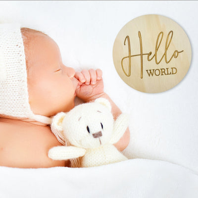 Hello World Wooden Birth Announcement Disc (6545873502268)